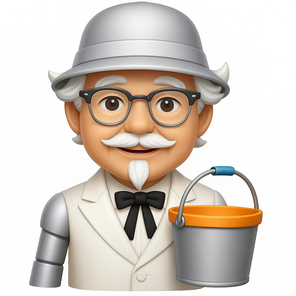 Transform the IT helpdesk robot to resemble Colonel Sanders, featuring white hair, a goatee, glasses, and a southern gentleman vibe. Keep the bucket hat and maintain the friendly robot features. The style should reflect a friendly and approachable robot with these new characteristics. emoji