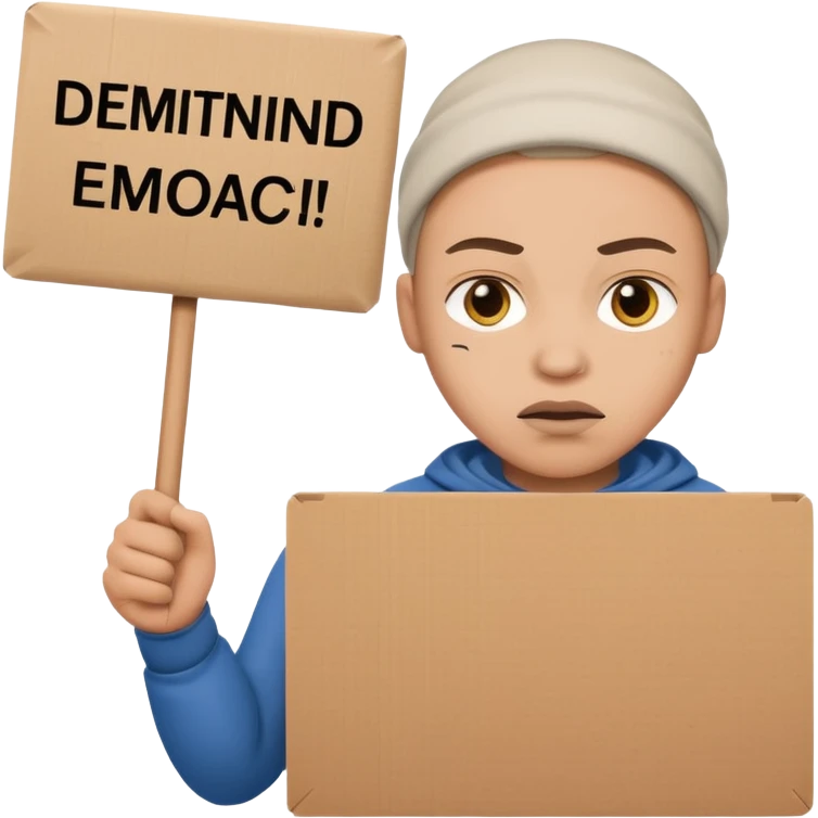 A protester with a sign emoji