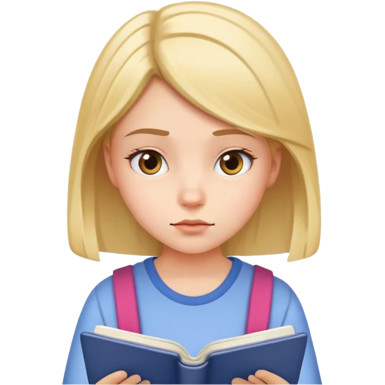 Young girl with focused expression reading a notebook emoji