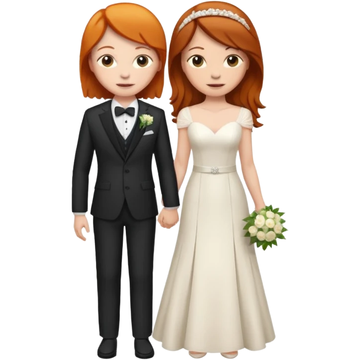 lesbian couple getting married. one ginger one brunette. ginger in a suit, brunette in a dress. BOTH GIRLS emoji