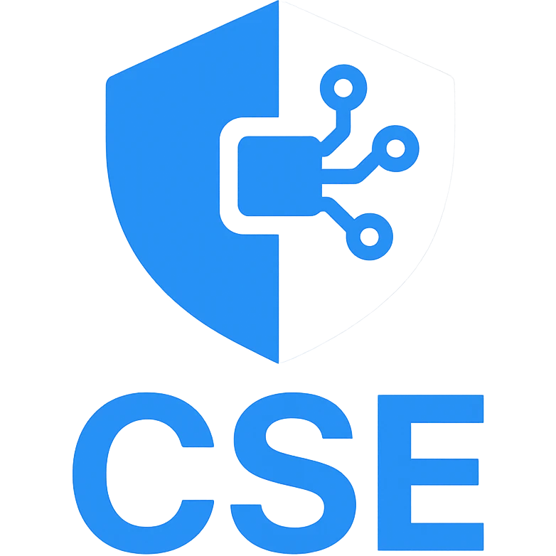 modern logo for CSE, clean geometric shapes, blue and white color scheme, tech-inspired emoji