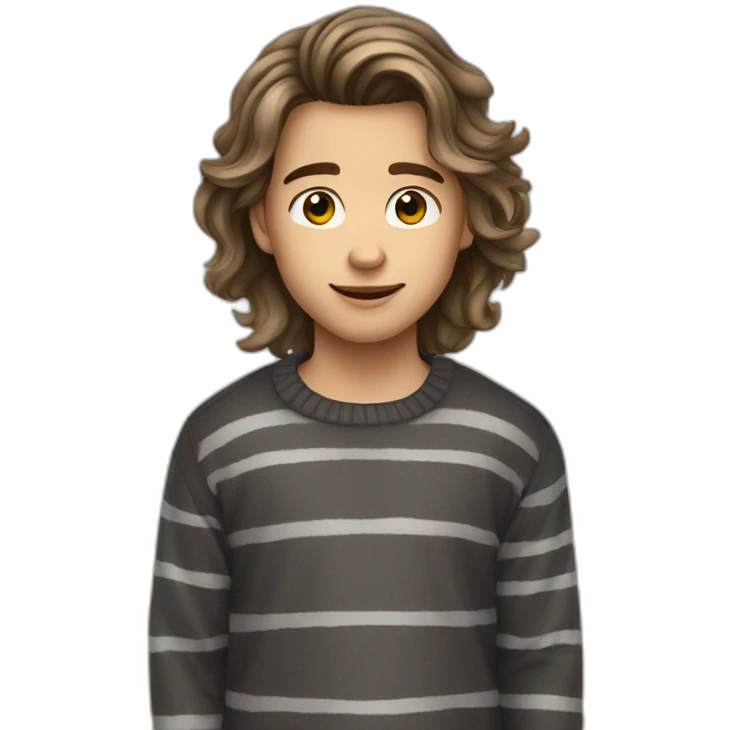 teenager boy brown long wavy hair and dark gray striped sweater emoji