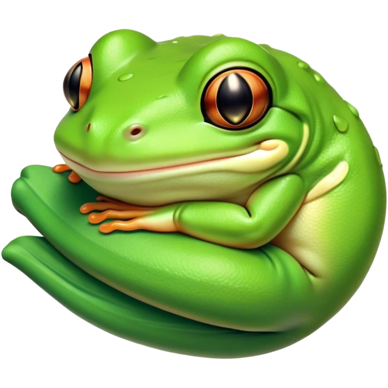Meme-Worthy Cute Sleeping Green Tree Frog Portrait Emoji, Head resting peacefully with a contented smile, showcasing a compact, vividly green body with softly closed, serene eyes, Simplified yet adorably endearing features, highly detailed, glowing with a soft, drowsy jungle light, high shine, relaxed and utterly lovable, stylized with an air of playful laziness, soft glowing outline, capturing the essence of a sleeping green tree frog that feels destined to become the next viral icon of adorable rest! emoji