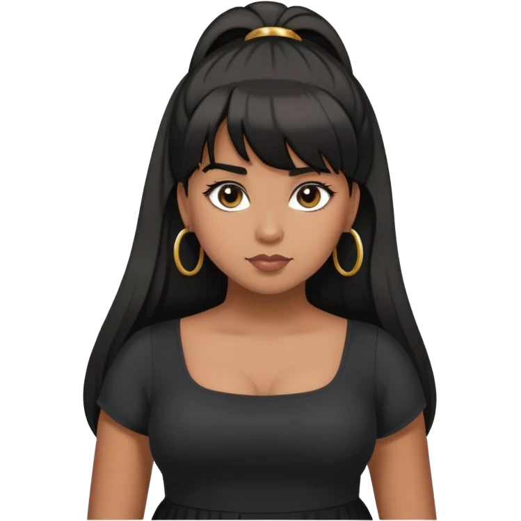 Latina girl with bangs black long hair in pony tail plus size black dress rolling eyes emoji