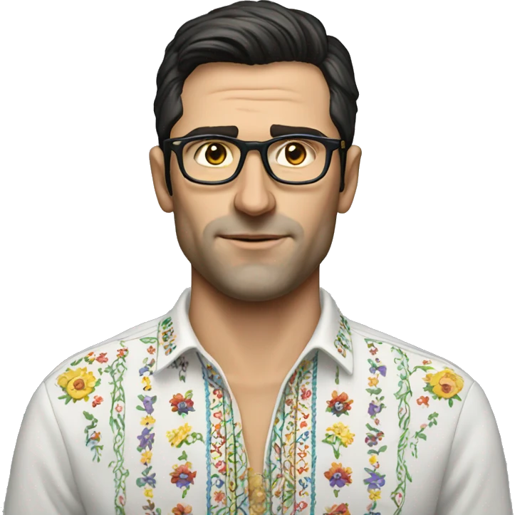 European dark-haired man in a Ukrainian embroidered shirt, glasses emoji