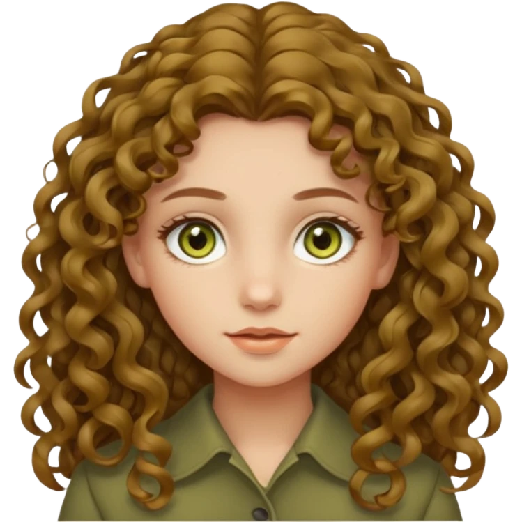 Menina de cabelo cacheado loiro escuro, longo, de olhos verdes oliva com um leve amarelo dentro emoji