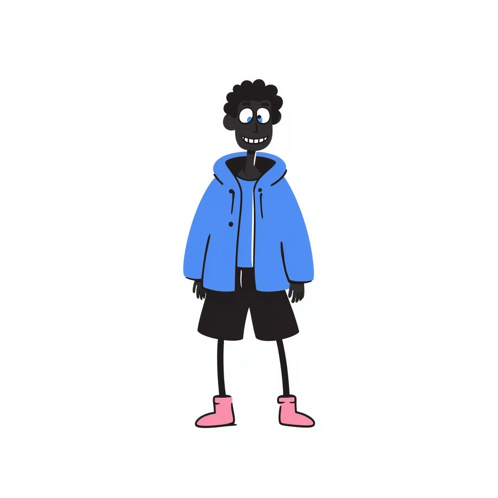 short skeleton with blue jacket, black basketball shorts, light pink slippers, blue glowing left eye emoji