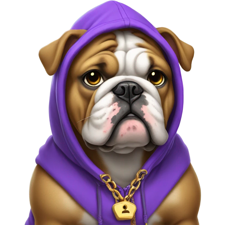 Bulldog wearing purple hoodie and gold chain  emoji