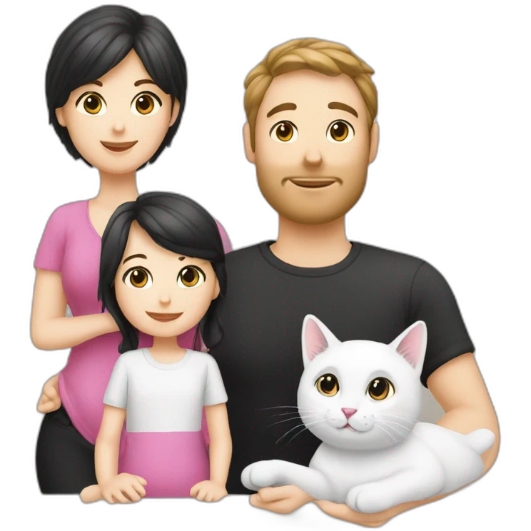 Family of 3- mum-dad-baby girl-white cat-black cat emoji