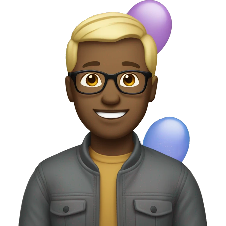 celebrating man with light skin colour, with squared glasses, blond hair, no beard, wearing a scarf, balloons in the background emoji