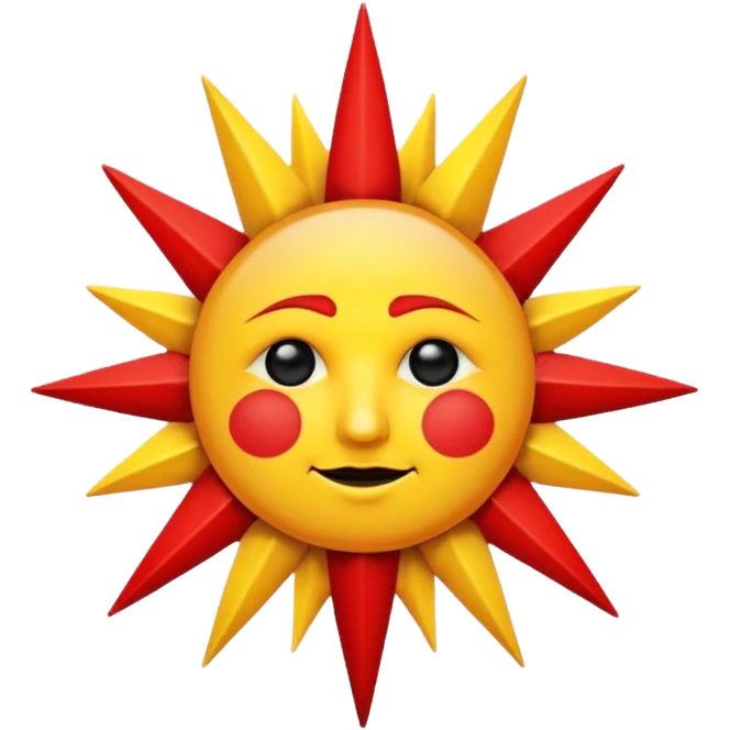 A white banner with a red border and a red 10-pointed star with a yellow sun face in the center. The sun face has a black outline and black eyes and mouth emoji
