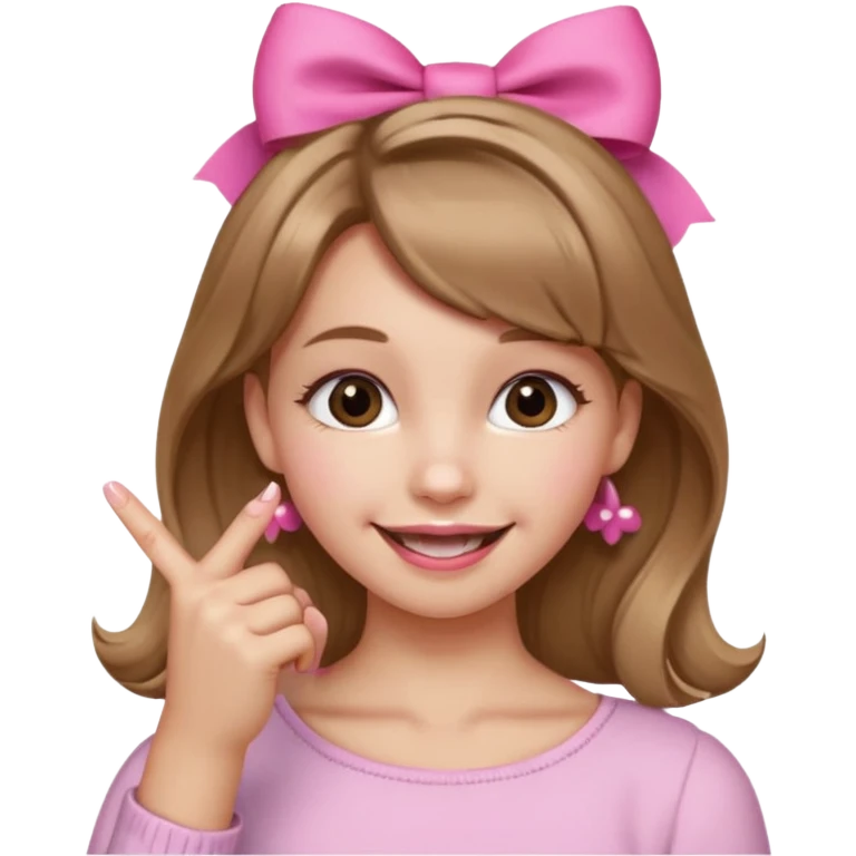 Chica sonriendo con un lazo rosa en la cabeza y mordiendose la punta del dedo indice con delicadeza y la otra mano que no salga emoji