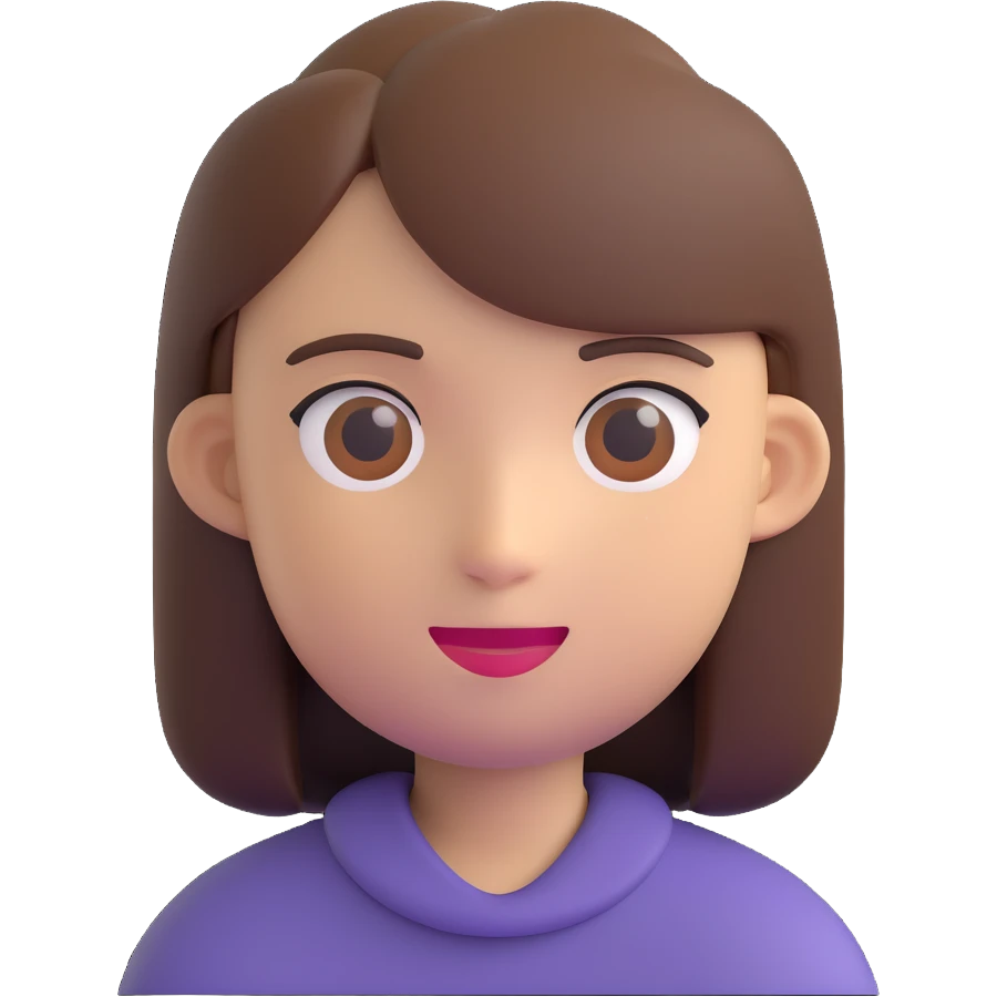 headshot of a young person with straight brown hair and a calm expression in 3D emoji style emoji