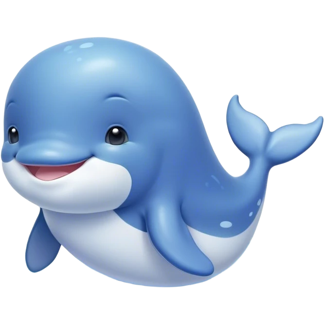 Cinematic happy baby whale, chubby rounded body, tiny smiling face, soft pastel blue hues, gentle glowing waves around, joyful and soothing. emoji