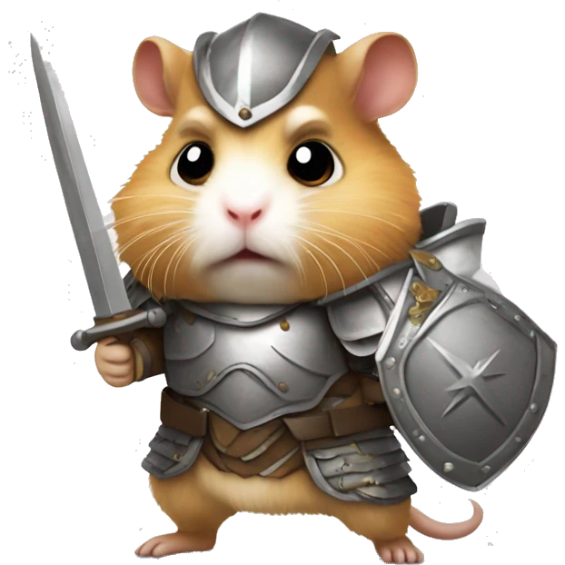 a hamster dressed in armor with an angry face and a sword.  emoji