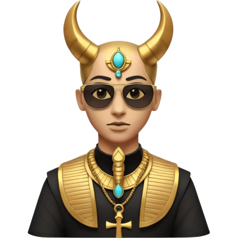 3D cartoon horned character portrait, wearing sunglasses, gothic ancient Egyptian style, pharaoh collar, dark gold and black outfit, ankh symbols, Egyptian jewelry, mysterious expression, soft dramatic lighting, centered, clean background, no text, no watermark emoji