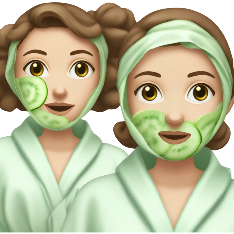 White girl with Brown hair and blue eyes wears a Green colored skincare clay textured mask and puts on cucumbers around her eyes while She relaxes in her white Robe emoji