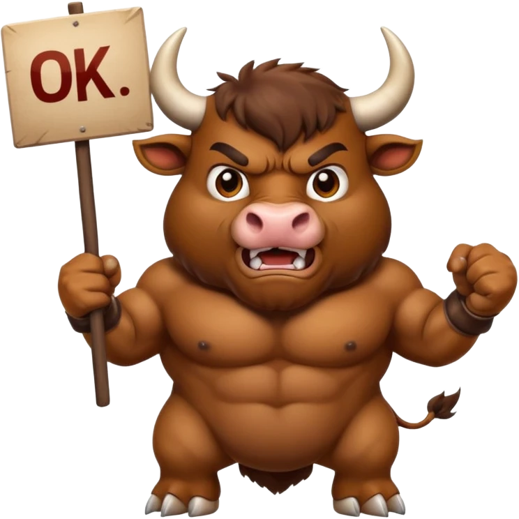 Angry powerful bull emoji holding a sign with the words OK in front of it emoji