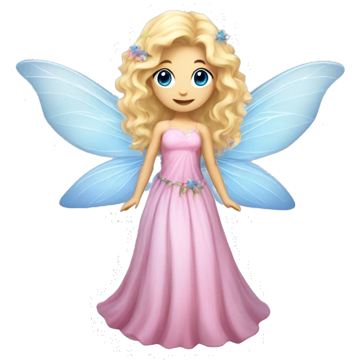 Fairy, a blonde hair with blue eyes and a pink dress with sparkly wings. Flowers. White wings. The fairy has long, curly hair with a lot of volume emoji