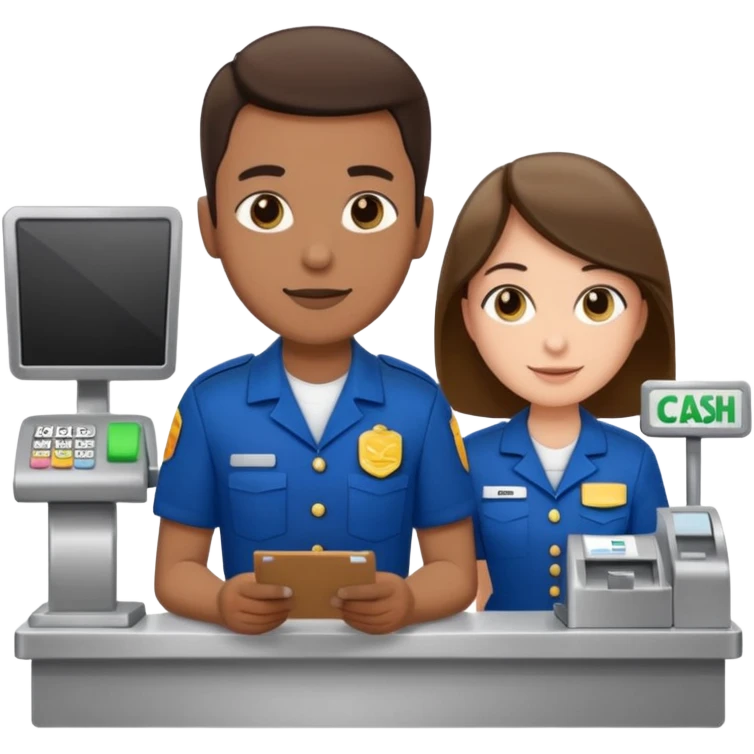 Supermarket employee at a cash register, full body, serving a man emoji
