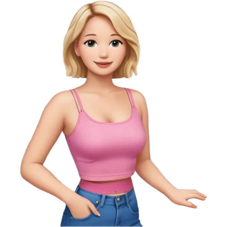 jennifer lawrence, pink crop top, and blue jeans, leaning on a balcony with a harbor and cityscape in the background, smiling emoji