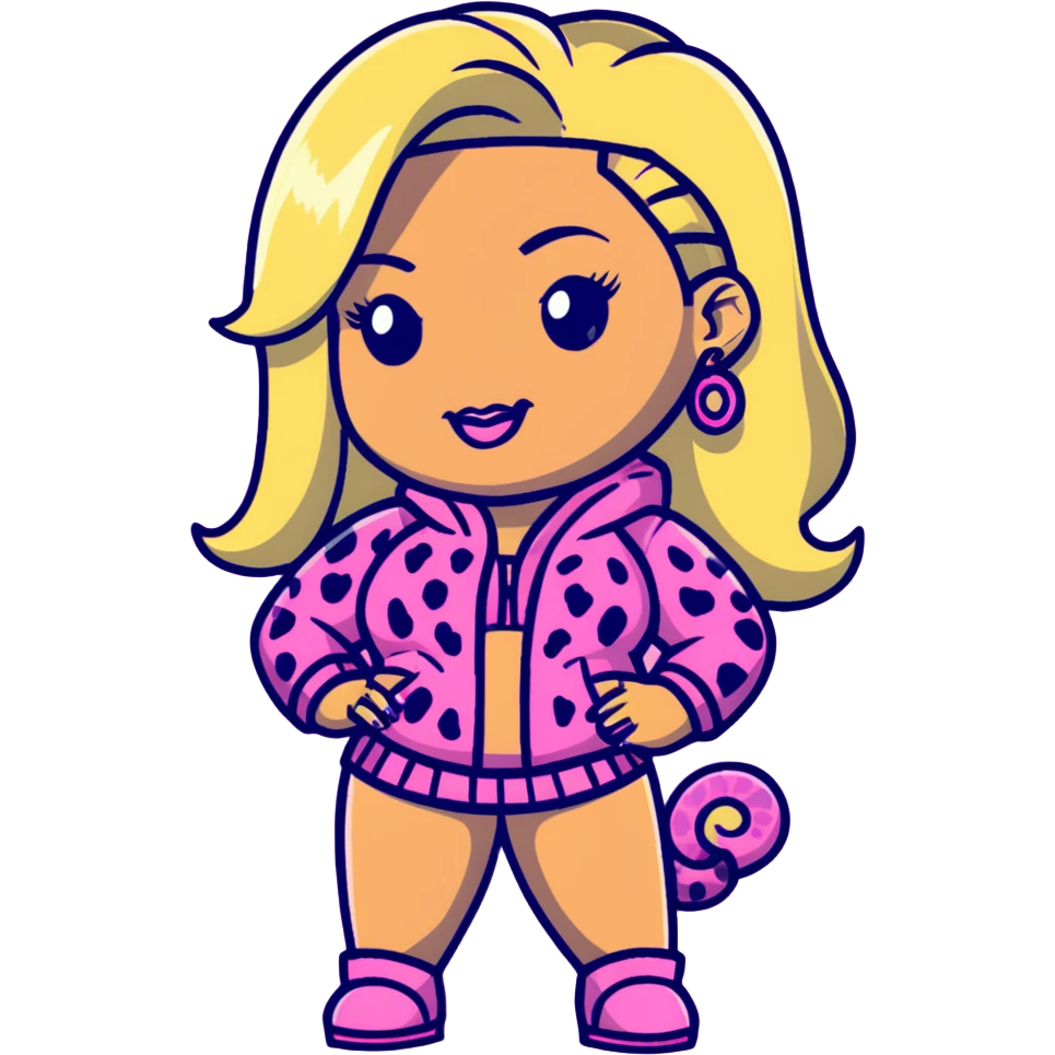Nicki Minaj wearing a pink leopard print outfit with hair that is half blonde and half pink emoji
