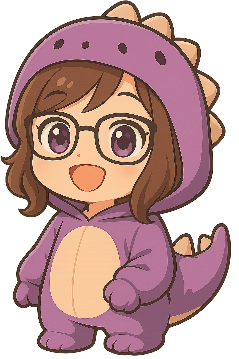 Edit the chibi anime style girl with glasses, brown hair, dark purple eyes, and a purple dinosaur costume to have her arms down. Keep her happy expression with eyes open. Remove the controller. Maintain the chibi anime style and no background. emoji