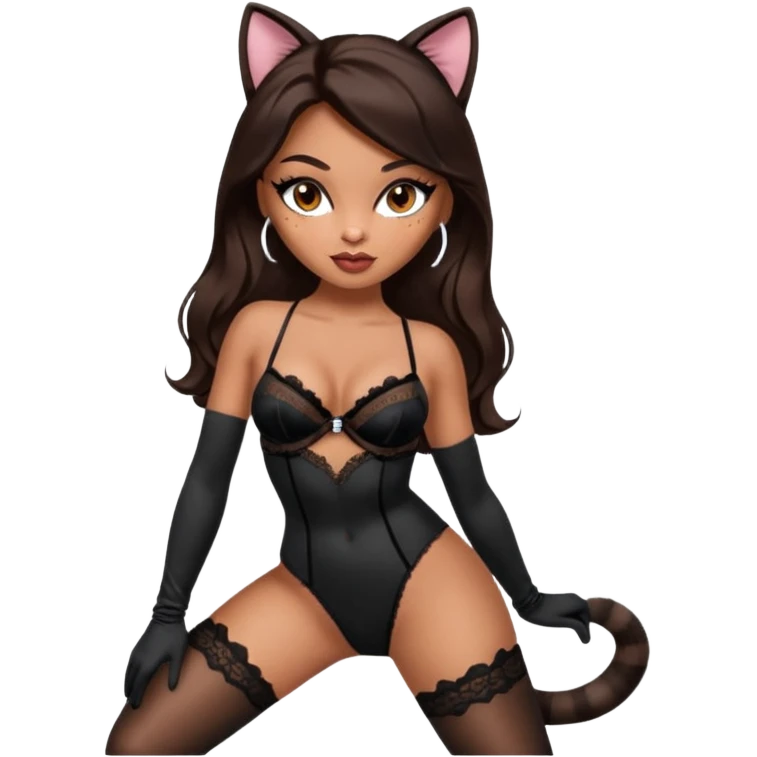 A sexy, super pretty bratz girl with caramel skin. Dark brown hair and brown eyes. She has freckles. Wearing sexy makeup. Dressed as a sexy cat. She’s wearing lingerie with black heels on and long black gloves  emoji
