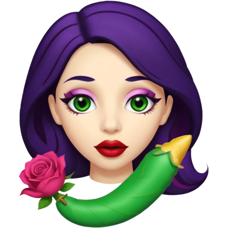 Big Puerto Rican colored dildo inside a women’s with blackish purple hair and Italian skin color with green almond shapes eyes, magical mouth with lips shapes  rose petal /bud place huge didlo inside of mouth  emoji