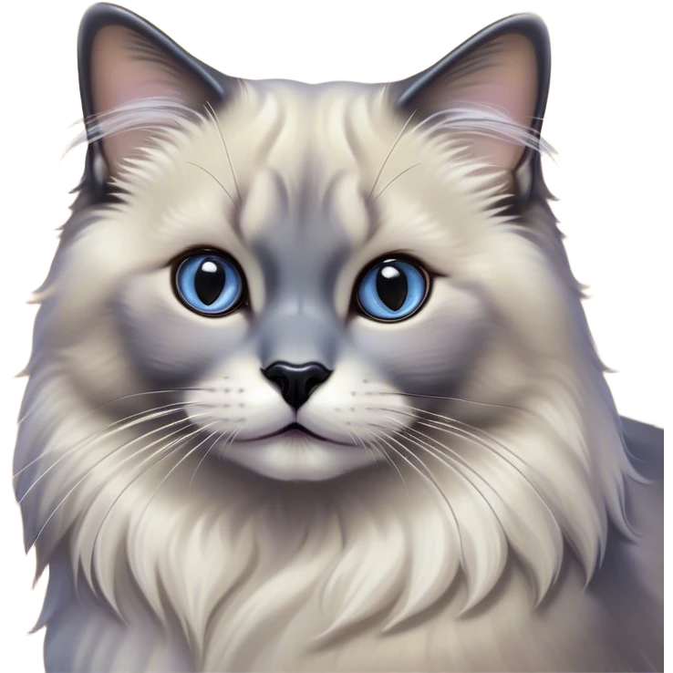 Cinematic Adorable Fluffy Grey Seal Ragdoll Cat Portrait Emoji, Head tilted gracefully with large, sparkling eyes, soft grey fur with darker seal points on the ears, face, and paws, Simplified yet majestic features, highly detailed, glowing with a soft, warm glow, high shine, calm and affectionate, stylized with a touch of elegance, bright and endearing, soft glowing outline, capturing the essence of a regal and loving kitty, so serene it feels like it could glide across the screen with its dignified presence! emoji