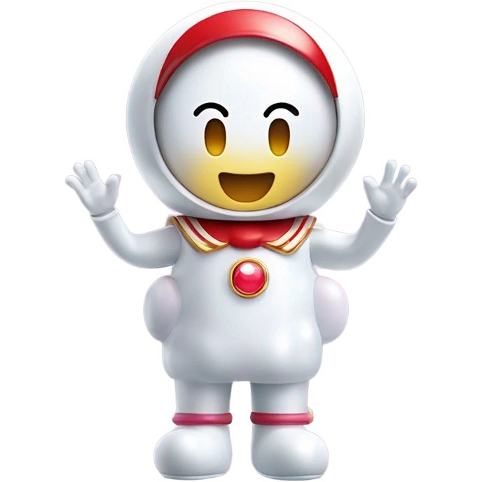 Very shiny full body character with pill capsule head with retro antennae and jetsons aesthetic sailor moon eyes  puffy body and welcoming waving arms Japanese animation inspired Anpanman with big boots and antennae red and white colors only emoji