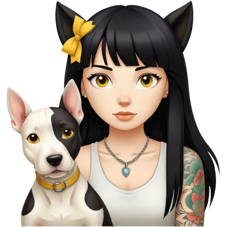 girl with long black  straight bangs hair and tatoo a Springer dog  and yellow bull terrier emoji