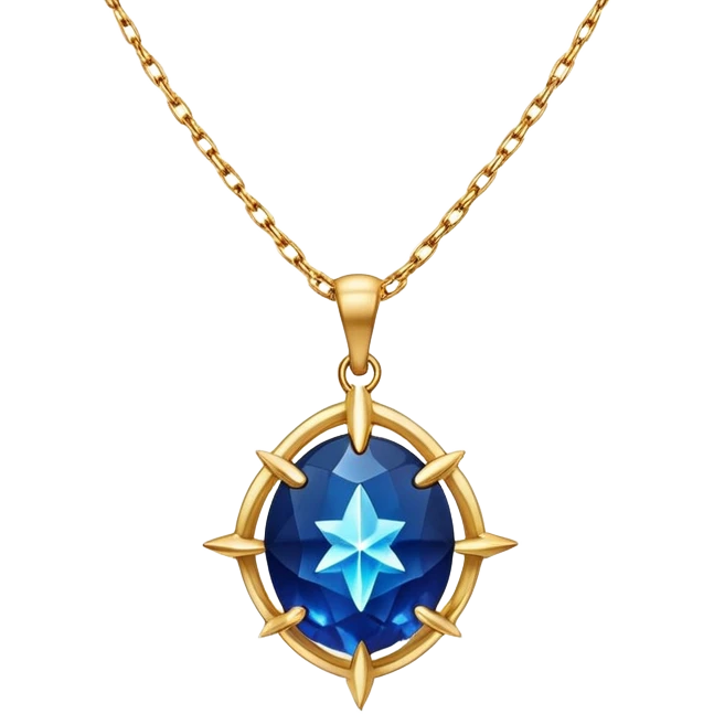 mystical necklace with a deep blue stone, glowing with star-like energy, gold chain floating ethereally emoji