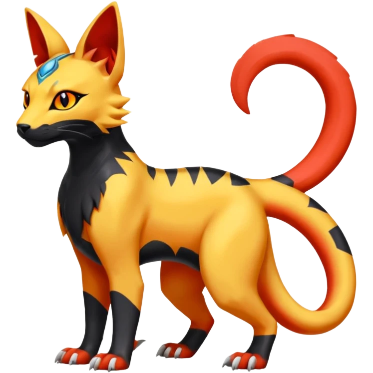 Colorful orange red black yellow Bastet-Salandit-Umbreon-Gatomon-Vernid-Protogen-Digimon-Fakémon-Pokémon-creature  (full body) emoji