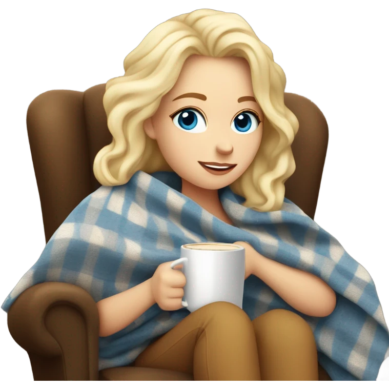 Blonde blue eyed white girl covered in blanket autumn vibe sitting on a cozy chair holding coffee emoji