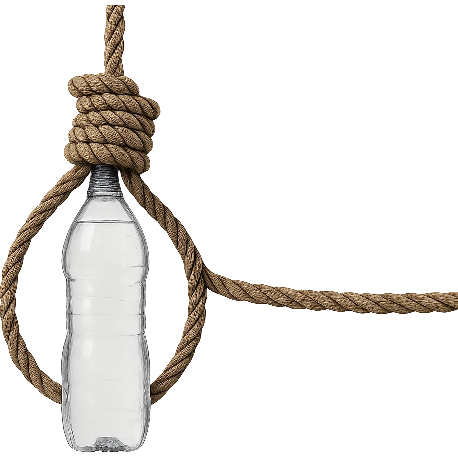 A long rope with a noose, transparent water bottle inside the rope, no background, realistic style, natural details, symbolic atmosphere, photorealistic and detailed transparent water bottle inside the rope. emoji