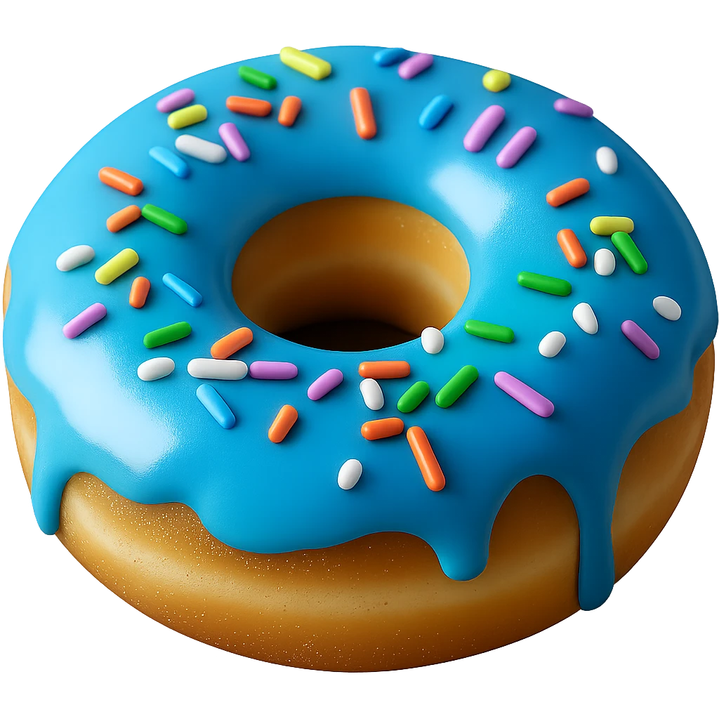 Change the glaze of the donut to a vibrant blue color, keep the donut realistic with soft lighting, transparent background. emoji
