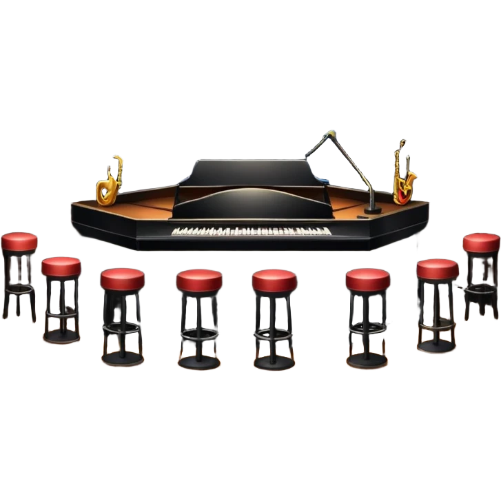 inside of a jazz nightclub, stage with microphone, dim lighting, small tables, cozy atmosphere emoji