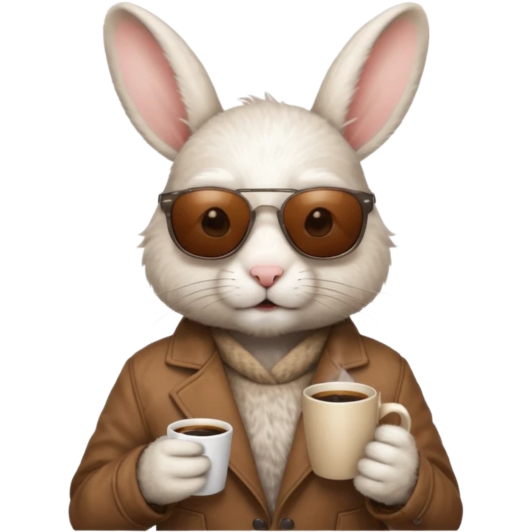 White rabbit, wearing brown jacket, sunglasses, holding coffee mug emoji