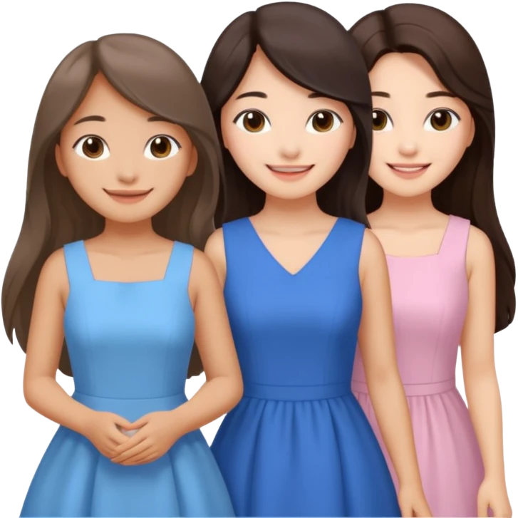 one Korean girl in blue and one white long haired brunette girl in light prink dresses smiling emoji