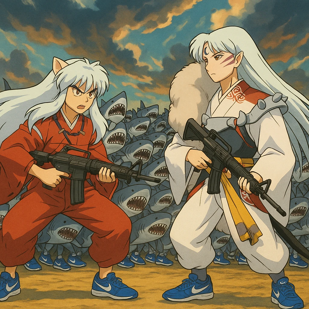 Inuyasha and sesshomaru take m16a4 vs 1 million shark They wear shoes blue Nike and all sharks They wear shoes Nike die emoji