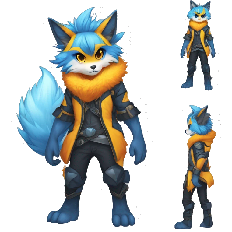 Anthro-Edgy-Cool-Blue-Orange-Yellow-Contrast-Colors-Fantasy-Fur-Sona-Chibi-Shiny-Fakémon-Hybrid full body emoji