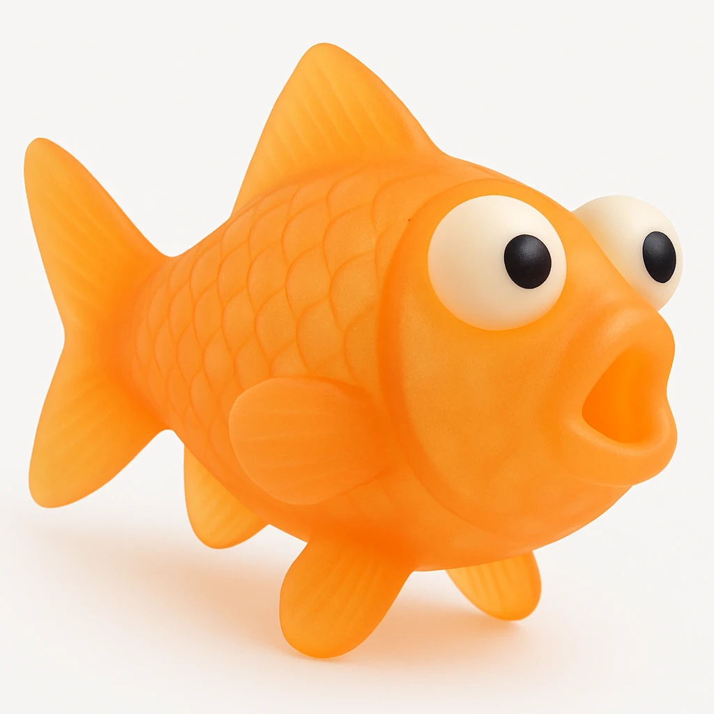Rotate the clownfish so it is turned away slightly more from the camera. Make the body even more transparent and see-through. Remove any shadow on the ground. Keep the bright orange, semi-transparent plastic, retro 90's toy style with derpy eyes. The material should look soft plastic, soft reflections, soft and squishy, with some cloudiness, not shiny. The image should be highly detailed and appealing. No background. The style is bright orange, semi-transparent plastic, retro 90's toy style. emoji