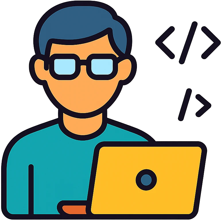 icon of a software engineer with glasses, laptop, and code symbols, clean and modern style emoji