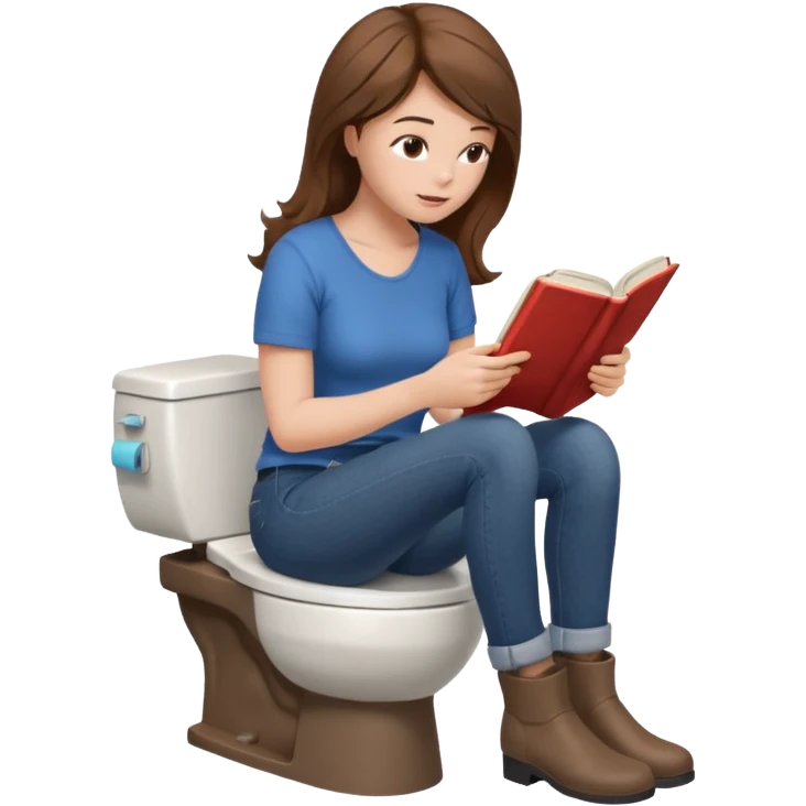 A woman is sitting on the toilet, her pants are pulled down and she it reading a book. Side view emoji