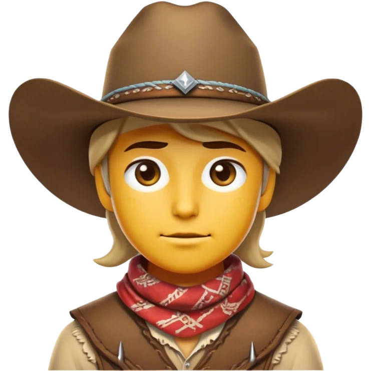 Clash of Clans aesthetic friendly Cowboy Portrait Emoji, With a rugged yet stylized build wearing a classic wide-brimmed hat and bandana, his face rendered in a natural skin tone (not yellow), determined eyes and a steely gaze, Simplified yet dynamic features, highly detailed, glowing with a warm, sunlit frontier radiance, high shine, brave and spirited, stylized with an air of Wild West heroism, focused and ready, soft glowing outline, capturing the essence of a fearless cowboy adventurer ready to ride into epic quests! emoji
