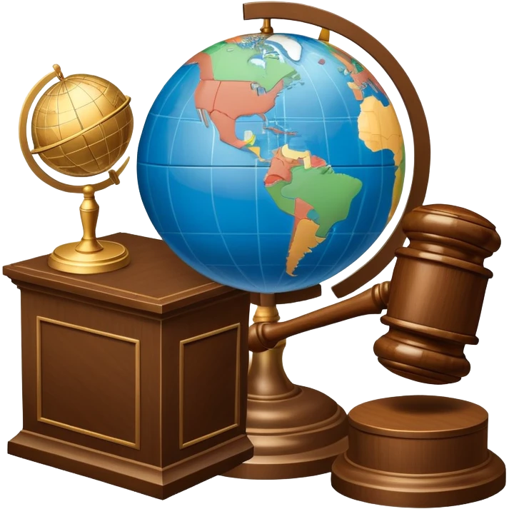 An icon featuring a globe with a gavel and a political map, symbolizing political science. The design includes a ballot box and a podium, representing democracy and governance. Transparent background highlights the study of political systems and global relations. emoji