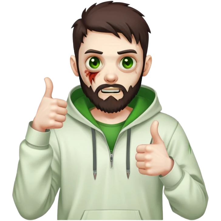zombie with thumbs up gesture, undercut hairstyle with dark brown hair, short full beard, heterochromia with one green eye and one brown eye, wearing plain white hoodie emoji