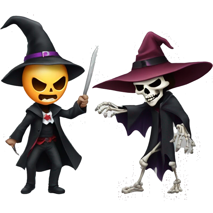 A vampire with a witch hat fighting a skeleton emoji