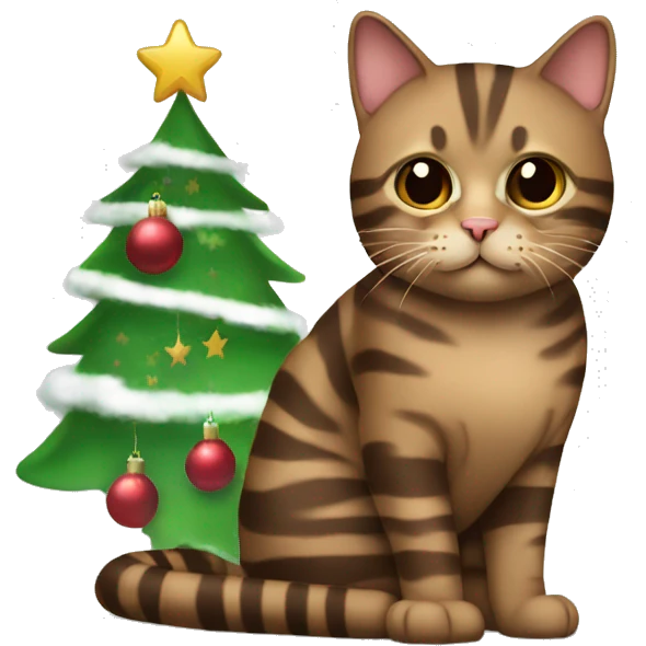 Brown striped cat sitting under a Christmas tree  emoji